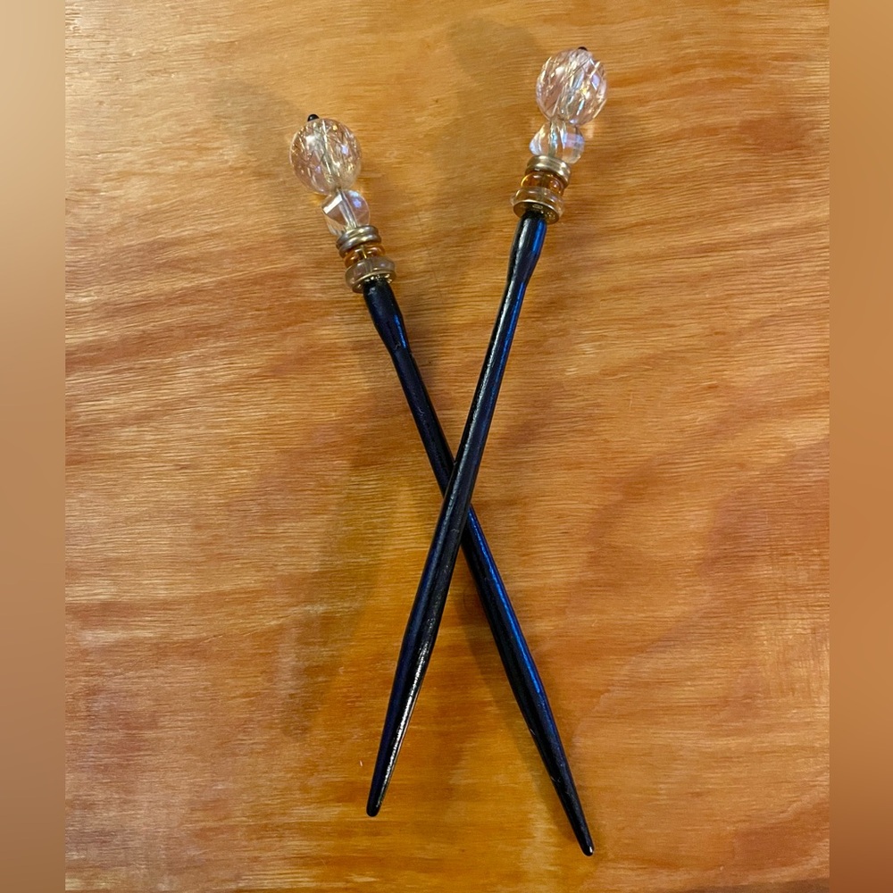 Elegant Wood Beaded Hair Sticks with Gold and Glass Accents